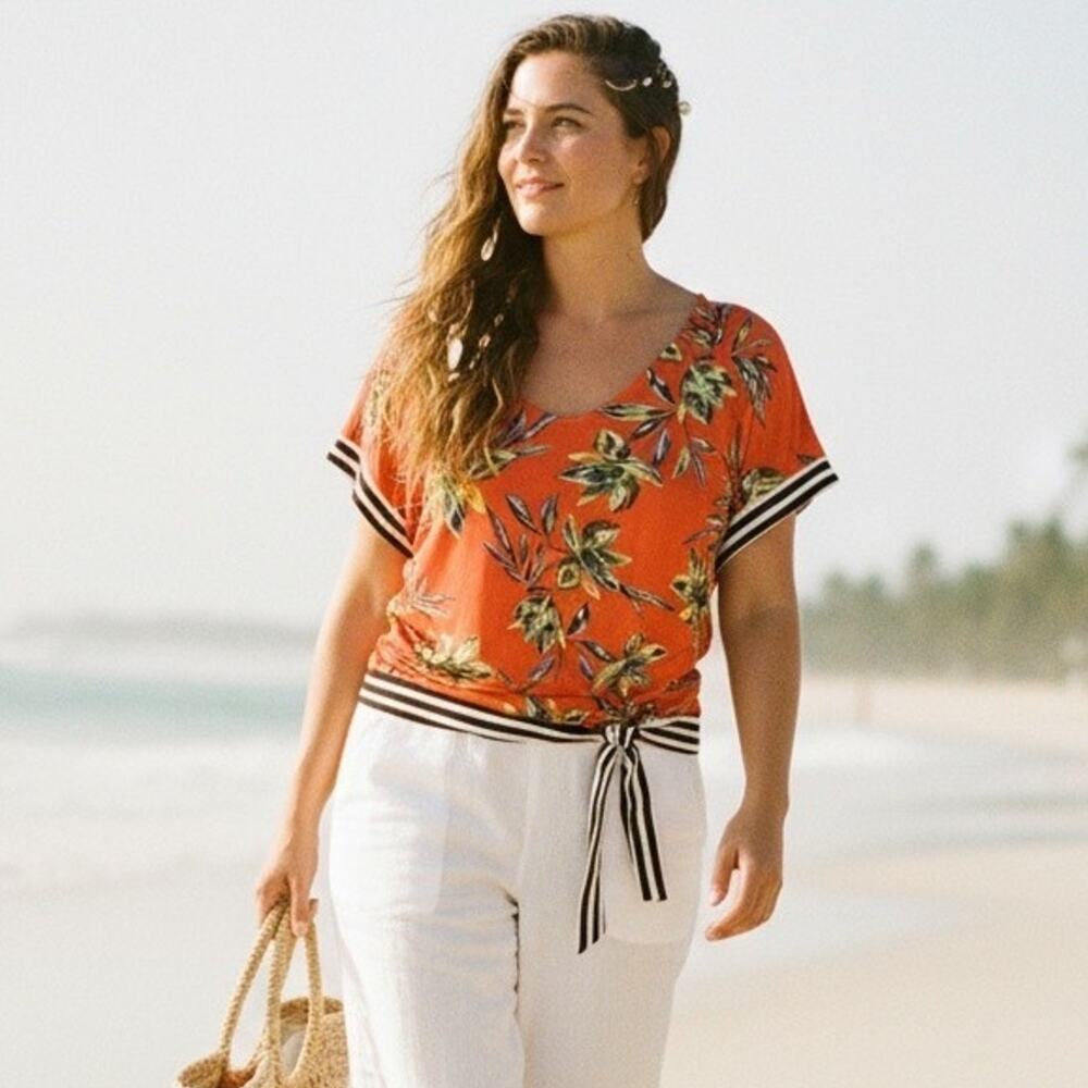 Lascana Tropical Floral And Striped Nautical Boho Blouse Size 8/10 Medium NWT